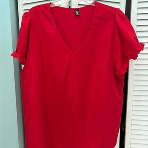 SHEIN Red V-Neck Ruffle Sleeve Blouse